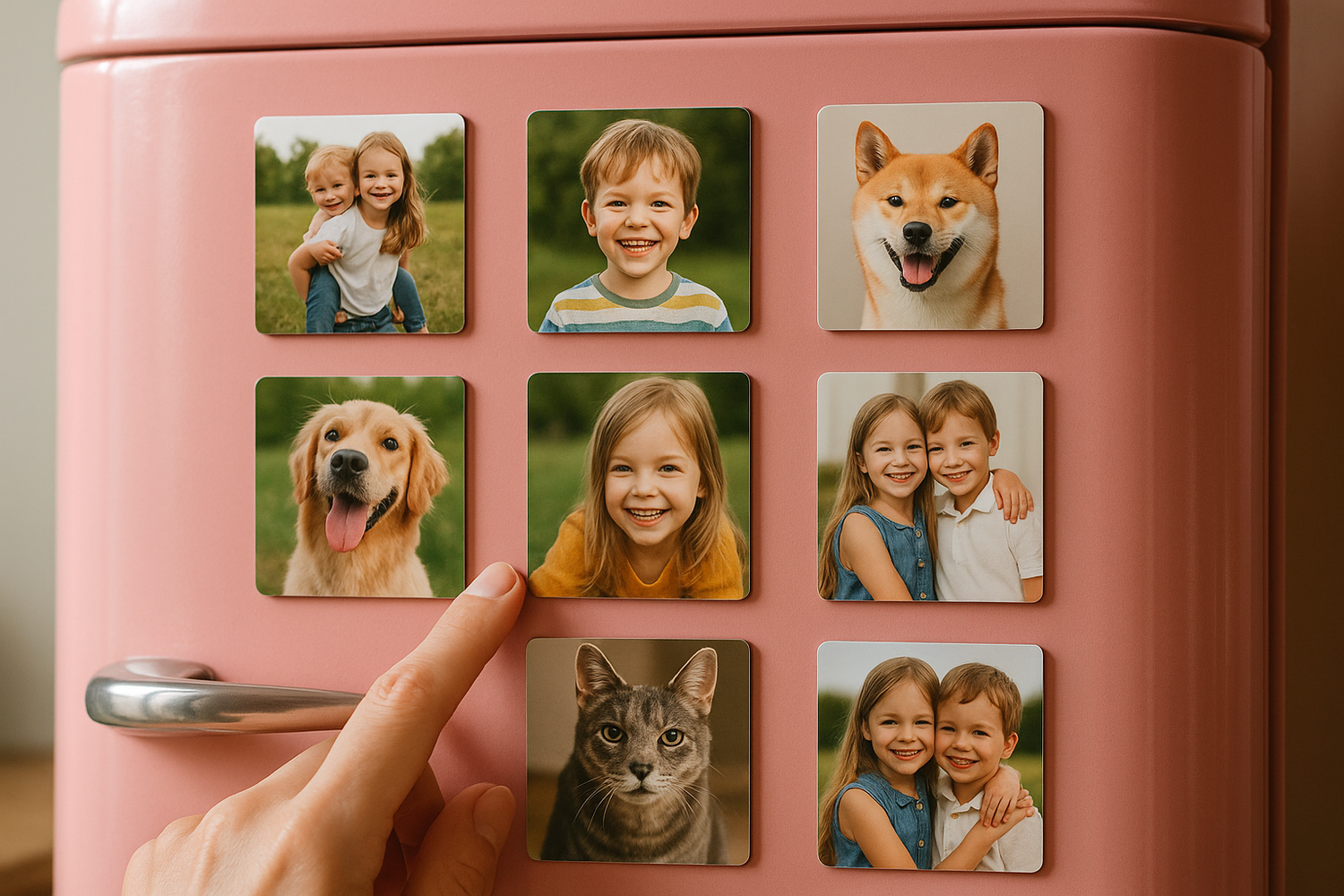 square 5cmx5cm personalised photo magnets on a pink fridge with someone touching them. The images on the magnets to be memories of kids and pets